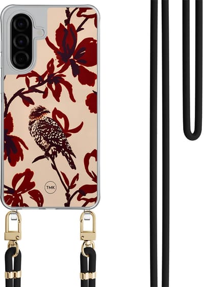 Telefoonhoesje met koord geschikt voor Samsung A56 - Bloemenpracht - Inclusief Zwart koord - Transparant, Rood - Bloemen - Crossbody beschermhoes - Met Telefoonketting