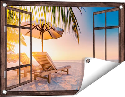 Gards Tuinposter Doorkijk Tropisch Strand tijdens Zonsondergang - 60x40 cm - Tuindoek - Tuindecoratie - Wanddecoratie buiten - Tuinschilderij