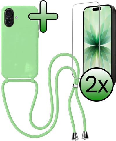 Hoes Geschikt voor iPhone 17 Hoesje Met Koord Met 2x Screenprotector - Telefoonhoesje Geschikt voor iPhone 17 Backcover Met Afneembaar Koord - Groen