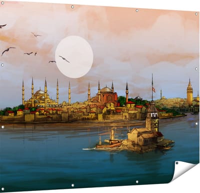 Gards Tuinposter Illustratie van de Maiden's Tower in Istanbul - 150x120 cm - Tuindoek - Tuindecoratie - Wanddecoratie buiten - Tuinschilderij