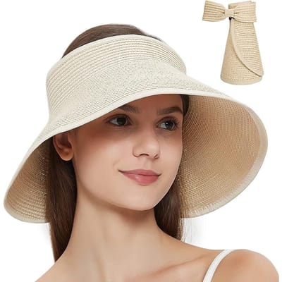 QTTVBTNA – 1 Stuk Hoeden - Strand Zonnehoed - Opvouwbare Zonneklep Hoed Stro - Brede Rand Met Paardenstaart Opening - Lichtgewicht Zomerhoed - Voor Strand Vakantie Reizen Outdoor en Dagelijks Gebruik - Comfortabel Ademend Design - Beige