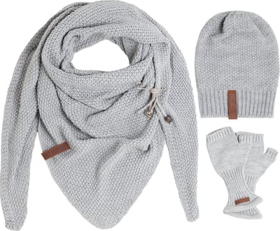 Knit Factory 3-delige Dames Winterset - Coco Omslagdoek - Coco Muts - Cleo Vingerloze Handschoenen - Set met sjaal, beanie en handschoenen voor dames - Licht Grijs