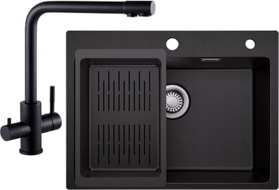 SOFETIY MAX Granieten spoelbakken (60x45 cm) - Spoelbak Keuken Met 3 Wege Keukenkraan - Wasbak Keuken Met Waterafvoersysteem en Afdruiprek - Zwart