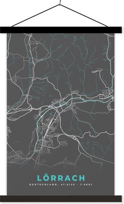 Posterhanger incl. Poster 60x90 cm - Schoolplaat - Duitsland – Blauw – Lörrach – Stadskaart – Kaart – Plattegrond - Textielposter - Zwarte latten - Stadskaart