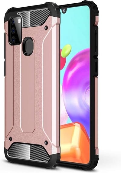 Schokbestendig Heavy Duty Hoesje Geschikt voor: Samsung Galaxy A21S Shock Proof Hybride - Back Cover - Dual Layer Armor Case - Extra Stevig - Rosegoud