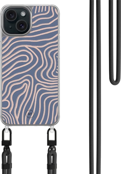Hoesje met koord geschikt voor iPhone 15 - Flowing lines - Inclusief zwart koord - Crossbody beschermhoes - Transparant, Paars - Mooie Telefoonhoesjes
