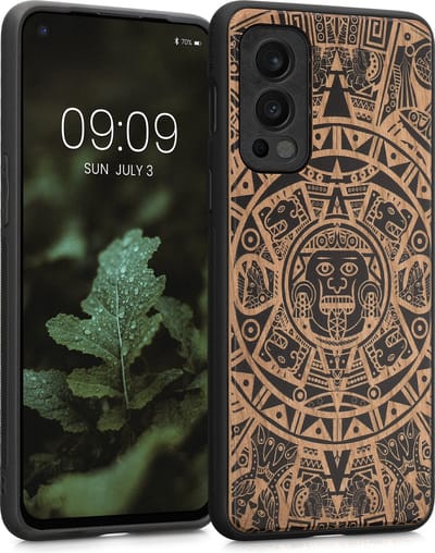 kwmobile telefoonhoesje geschikt voorOnePlus Nord 2 5G - Hoesje met bumper - hout - In lichtbruin / zwart Maya Kalender design