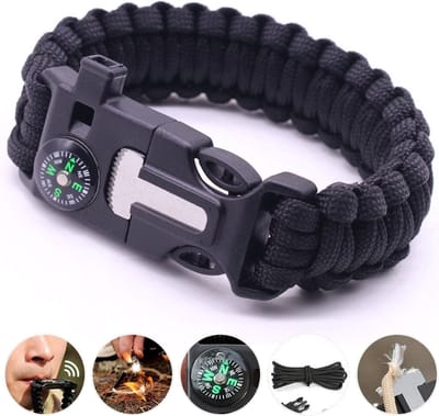 Outdoor survival Armband Zwart - 5 in 1 met Vuursteen (magnesium stick), Paracord, Kompas, Noodfluit en Schraper