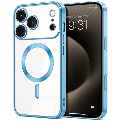 Telefoonhoesje Geschikt voor iPhone 17 Pro Max – Siliconen Hoes met Chroom – Compatibel met MagSafe – Geïntegreerde Camerabescherming – Lichtblauw – FuturiQ