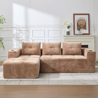 HAUSS SPOLE Hoekbank - Minimalistisch Comfort Met Bekerhouders - Voor Woonkamer En Appartement - Chenille Lichtbruin