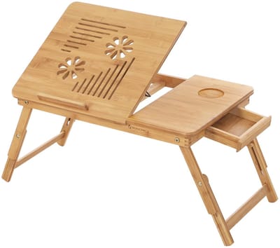 Tafel Opvouwbare tafel Computertafel Verstelbare hoogte nachttafel Met klein lade 5 kantelbare tafelbladen en ventilatieopeningen Stevig en duurzaam bamboe frame 55 x 35 x (21 - 29) cm naturel