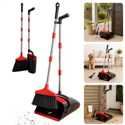 Cheqo® Stoffer en Blik met Lange Steel- Verstelbaar tot 145 cm - Bezem voor Binnen en Buiten - Zwart en Rood