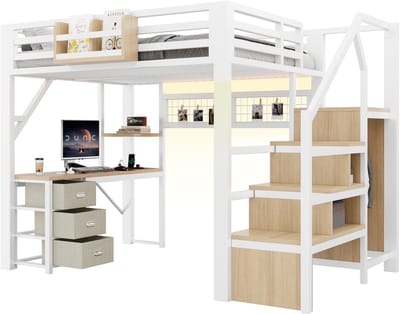 Hoogslaper 140x200 met bureau - witte metalen hoogslaper - kledingkast en trap - 3 stoffen lades - ledverlichting via app en Bluetooth - wit