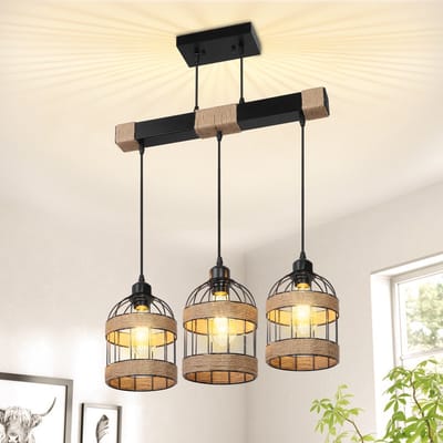 Rosnek Boho Rotan Hanglamp met 3 Lampen - Handgemaakte Industriele Kroonluchter Voor Eetkamer, Woonkamer En Slaapkamer - Mini Kroonluchter met Handgemaakte Kooi - Zwarte LED Verlichting