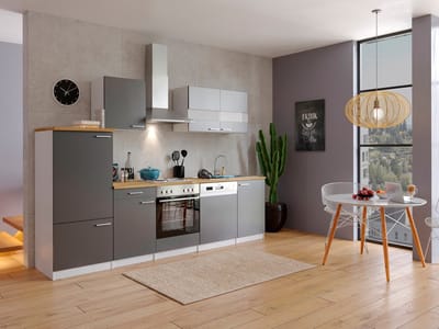 Goedkope keuken 280 cm - complete keuken met apparatuur Malia - Wit/Grijs - soft close - elektrische kookplaat - vaatwasser - afzuigkap - oven - spoelbak