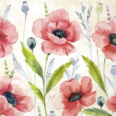 Ihr tafel servetten - bloemen klaprozen print - 20x stuks - 33 x 33 cm - 3 laags - Voorjaar/lente bloemen thema