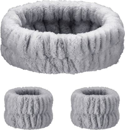 Behave Haarband en Polsbandjes Set - Gezichtsverzorging - Gezichtsreiniging - Make Up - Skincare - Waterabsorberend - Microvezel - Grijs