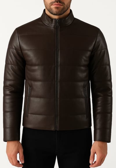 Gewatteerde Leren Puffer Jas Heren – Echt Lamsleer – Donkerbruin/Chocolade – Cycas – Winterjack met Leren Manchetten, 2 Binnenzakken & Ritszakken