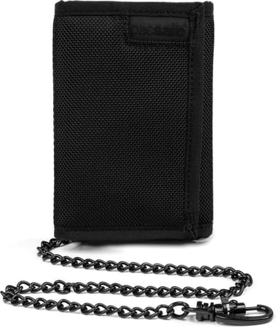 Pacsafe Portemonnee - 13 x 10 x 1.5 cm - Pasjeshouder - RFID-beveiligd - Inclusief Veiligheidsketting - Lichtgewicht - Veelzijdige Opslag - Polyester - Zwart