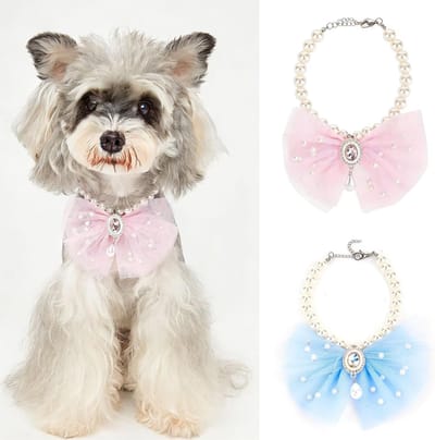 Huisdieraccessoires - Halsbanden voor huisdieren - 2 stuks - Parelketting voor honden - Strikhalsband - Geschikt voor puppy's en kittens - Geschikt voor dagelijks gebruik, bruiloften en verjaardagsfeestjes - 20 cm + 5 cm - Parelstrik - Roze, blauw