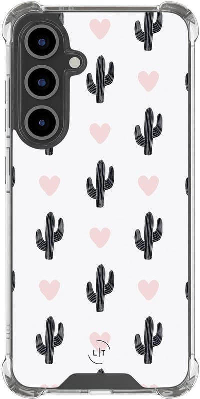 Shockproof hoesje - Geschikt voor Samsung Galaxy S24 FE - Cactus hartjes - Extra sterke case - TPU/polycarbonaat - Natuur - Wit, Transparant