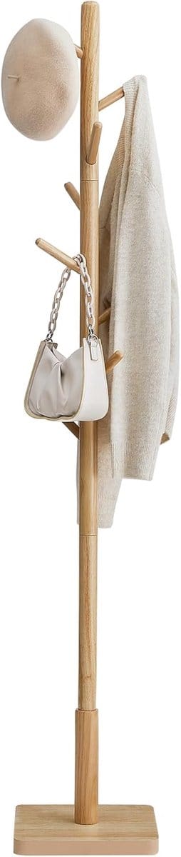 Hoppa! Kapstok - Natuurlijk Beige - Haken En Hoofdpaal Van Rubberhout, Basis Van MDF (Medium Density Fiberboard) - 30 x 30 x 173 cm (B x D x H)