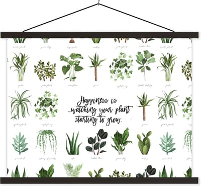 Posterhanger incl. Poster 40x30 cm - Schoolplaat - Quotes - Happiness is... watching your plant starting to grow - Spreuken - Planten - Textielposter - Zwarte latten
