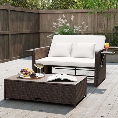 Ligbed 2 Personen 166x166x55 cm – Polyrotan Zonnebed 3-in-1 met Verstelbare Rugleuning, Opbergruimte & Zijtafels – Tuin Loungeset & Daybed met Kussens – Urbanhome