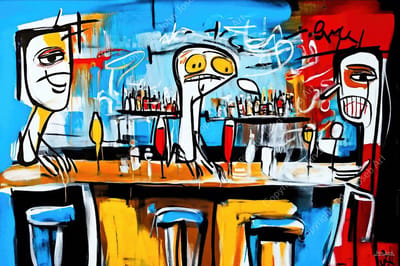 John Joseb Art (Aluminium) 120x80 | Mensen aan de bar in kroeg, cafe, man, vrouw, glazen, flessen, abstract, kunst, Herman Brood stijl, kleurrijk, rood, geel, blauw, modern | foto-schilderij op dibond, metaal wanddecoratie
