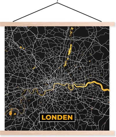 Posterhanger incl. Poster 40x40 cm - Schoolplaat - Londen - Stadskaart - Plattegrond - Goud - Kaart - Textielposter - Blanke latten - Stadskaart