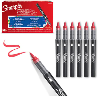 Sharpie Creative Marker Acrylverfmarkers | Brushtip | Verfmarkers op waterbasis | Inkt loopt niet door en geschikt voor de meeste oppervlakken | Rood | 6 stuks