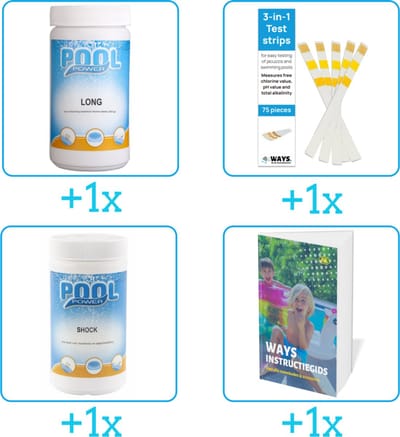 Zwembad Onderhoudspakket - Onderhoud Zwembad - bevat Chloor - Testrips - Chloor en Zwembadgids (4-delig)