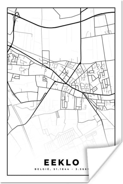 Poster Zwart Wit – België – Plattegrond – Stadskaart – Kaart – Eeklo - 120x180 cm XXL