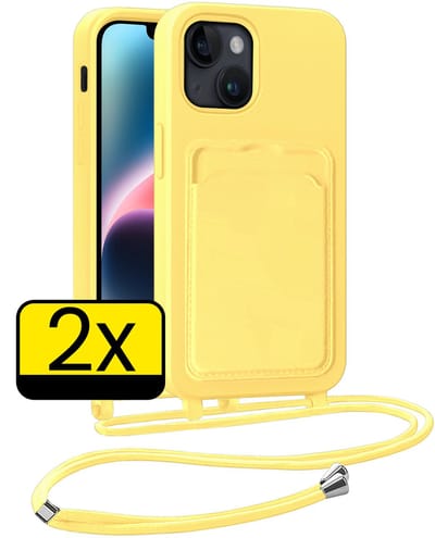 Hoesje Geschikt voor iPhone 13 Telefoonhoesje Met Koord Case Pashouder Siliconen - Hoes Geschikt voor iPhone 13 Hoesje Met Kaarthouder - Geel - 2 Stuks
