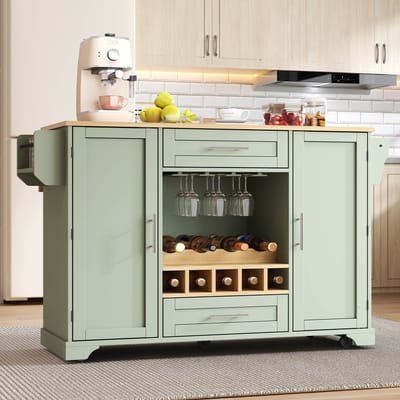 REDOM - Keukenwagen - Uitklapbaar werkblad - Met wijnrek, glashouder, kruidenrek en handdoekhouder - Moderne vintage stijl - MDF - Antiekgroen - 138 x 45/70 x 92 cm
