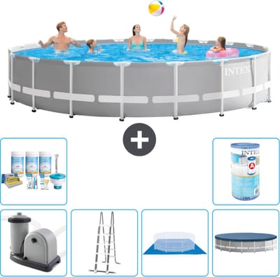 Intex Rond Prism Frame Zwembad - 610 x 132 cm - Grijs - Inclusief Pomp - Ladder - Grondzeil - Afdekzeil Onderhoudspakket - Filter