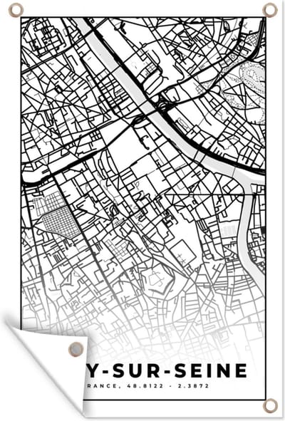 Muurdecoratie Kaart - Ivry-sur-Seine - Stadskaart - Frankrijk - Plattegrond - Zwart wit - 120x180 cm - Tuinposter - Tuindoek