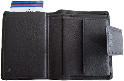 Oi zwarte leren billfold met Cardprotector afsluitbaar / normale portemonnee met Figuretta pasjeshouder en lip om af te sluiten / complete portemonnee met anti skim kastje / leren beurs met metalen pasjeshouder / zwart / 671