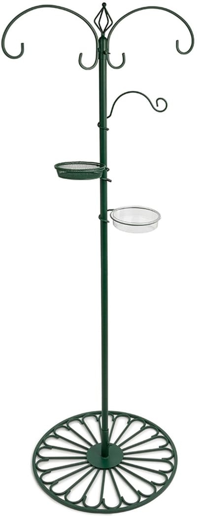CJ Wildlife Vogelvoederstation met Terrasvoet - Meerdere haken voor o.a. Voedersilo, Vetbolhouder of Pindasilo - Inclusief Voederbakje & Waterschaaltje - Groen