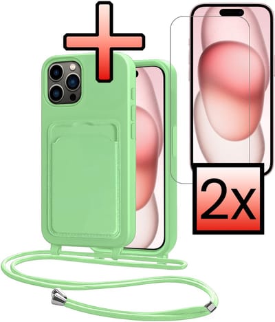 Hoes Geschikt voor iPhone 14 Pro Hoesje Pasjeshouder Cover Met Koord Case Siliconen Hoes Met Telefoonkoord en Kaarthouder Met 2x Screenprotector - Groen