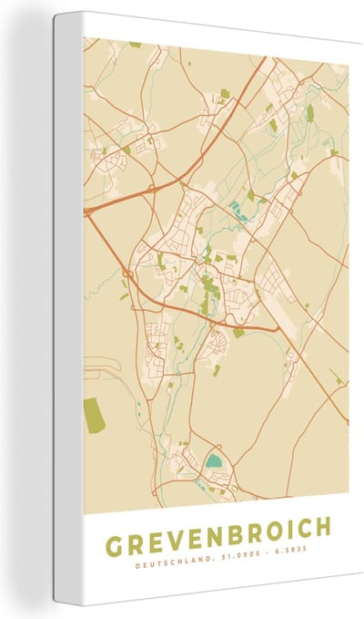Canvas Schilderij Vintage - Grevenbroich - Plattegrond - Kaart - Stadskaart - 20x30 cm - Wanddecoratie