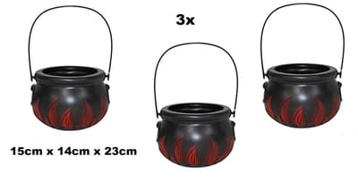 3x Heksenketel met vlammen 15cm zwart - PVC - Heksen ketel kookpotje Horror Halloween creepy griezel heks