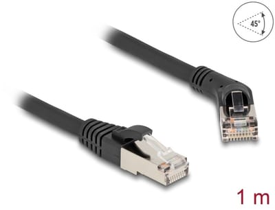 Delock RJ45 Network Cable Cat.6A S/FTP plug 45° right angled to plug straight 1 m black