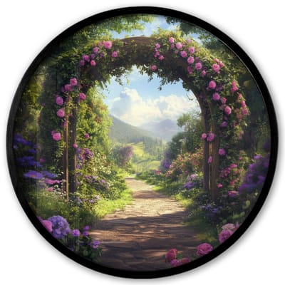 Poster in lijst Rond - Fotolijst 40x40 cm - Posters - Doorkijk - Rozenboog - Uitzicht - Landschap - Bloemen - Ronde posterlijst zwart - Decoratie - Wanddecoratie woonkamer - Muurdecoratie slaapkamer