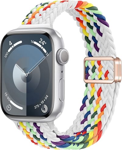 Bandje van gevlochten nylon - geschikt voor Apple Watch 1/2/3/4/5/6/7/8/9/10/11/ SE (1,2,3) met maat 38 mm / 40 mm / 41 mm en 42 mm (Watch 10/11) - wit-regenboog