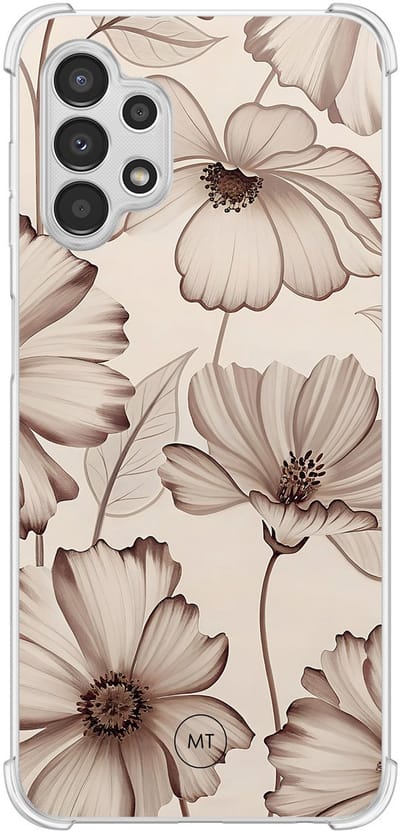 Hoesje (shockproof) geschikt voor Samsung Galaxy A13 4G - Sand flowers - Extra sterke case - TPU/polycarbonaat - Bloemen - Beige, Transparant