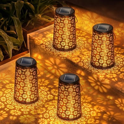 Solar Lantaarns - Tuinverlichting LED - Decoratieve Sfeer - Vintage Bloem Design - 4 Stuks - Zwart