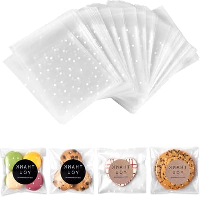 Set van 100 Kleine Plastic Zakjes - Matte Cellofaan Zakjes met Witte Stippen, Zelfklevend voor Koekjes, Favors en Cadeautjes, 10 x 10 cm, Perfect voor Verjaardagen en Feestjes