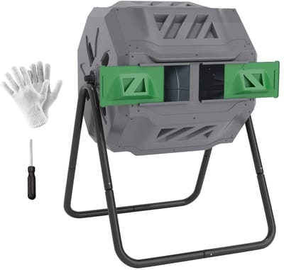 Compostvat - Compostbak met 2 Compartimenten - 360° Draaibaar - 160L - Groenafval - Compost - Compostbakje - Composter - Duurzame Composteerbak - Afval & Recycling - Afvalbak - Tuin - voor Buiten - 71x65x96 cm - Grijs + Groen + Zwart