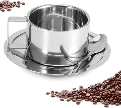 3-delige Set RVS Koffiekopjes met Dubbele Wand, Lepels en Schotels voor Latte, Cappuccino en Espresso - Perfecte Keukenaccessoires voor Koffieliefhebbers